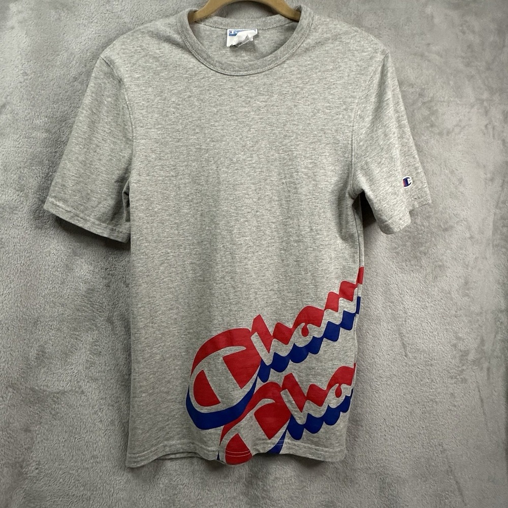 Champion Y2K Streetwear Gray Script Logo‎ Graphic Tee Small Normcore Sporty